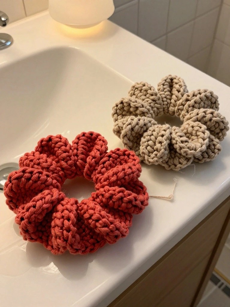 Two handmade crocheted scrunchies in coral red and beige sit side by side on a white bathroom sink countertop.