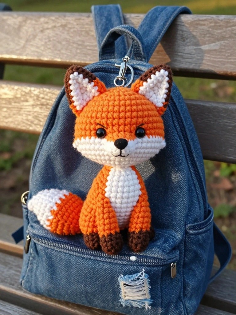 Crocheted orange fox with white belly and tail tip clipped to the strap of a blue denim backpack on a park bench