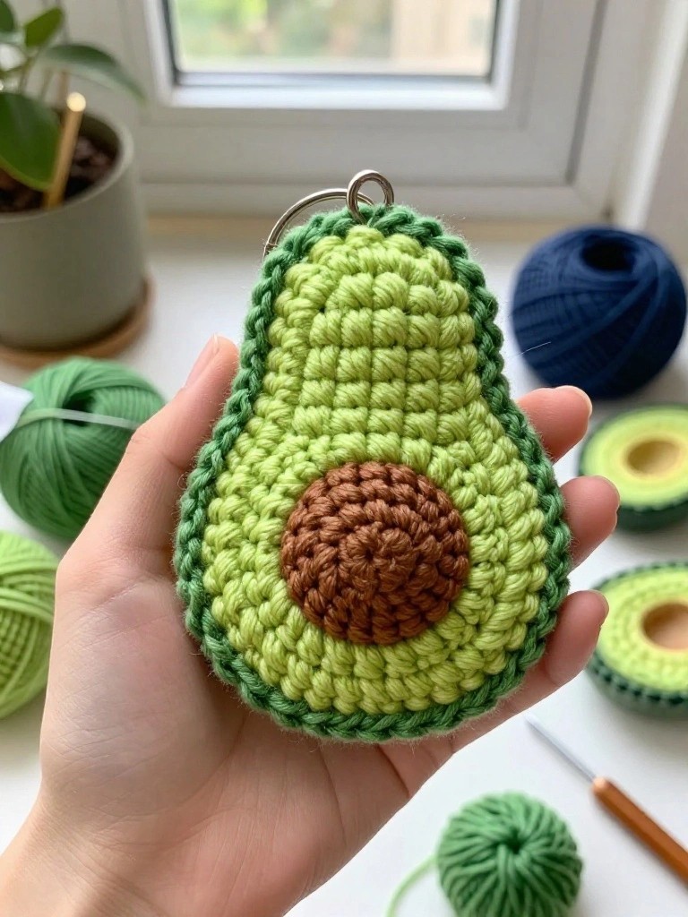 A close-up of a hand holding a small crocheted green avocado plush with a brown pit and keyring top, surrounded by green yarn balls and a crochet hook on a windowsill.