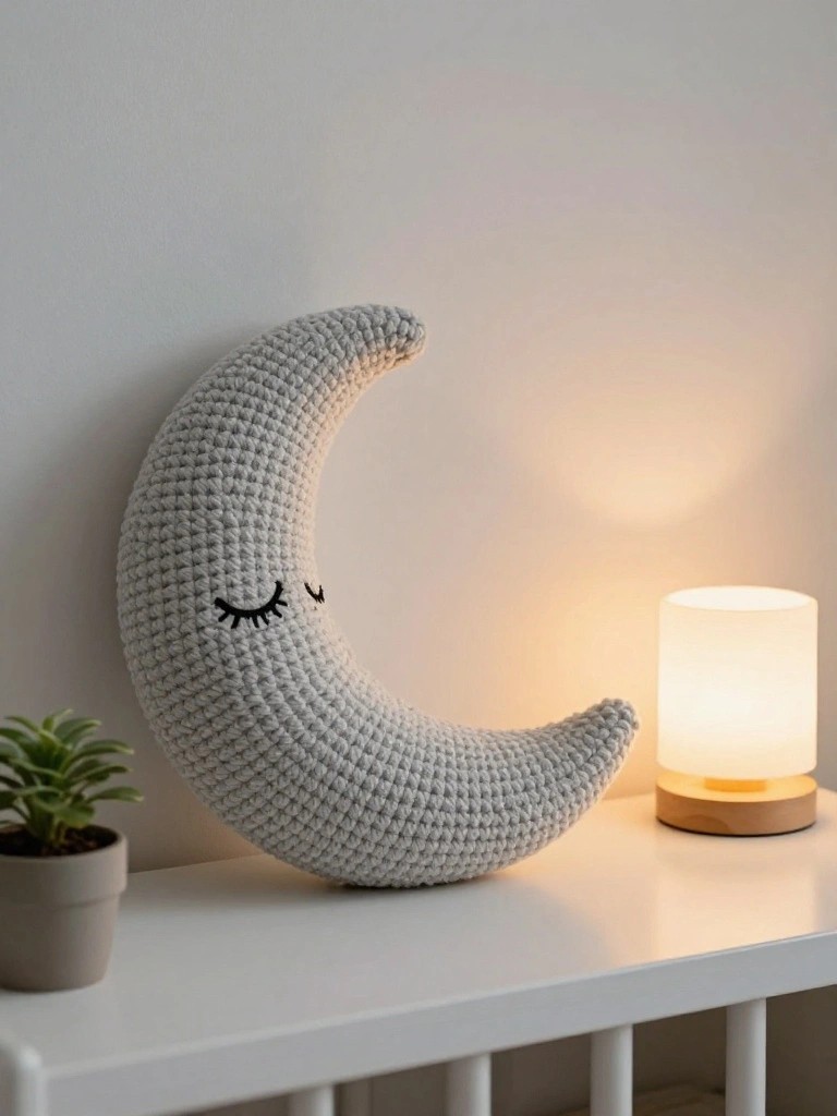 Plush light gray crocheted crescent moon with black embroidered sleepy eyes on a white nursery shelf next to a glowing white lamp, wooden base, and potted succulent plant.