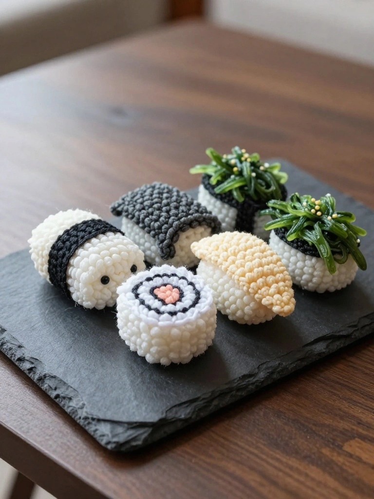 Close-up of colorful crocheted sushi replicas including nigiri, rolls, and topped pieces arranged on a black slate board over a wooden table.