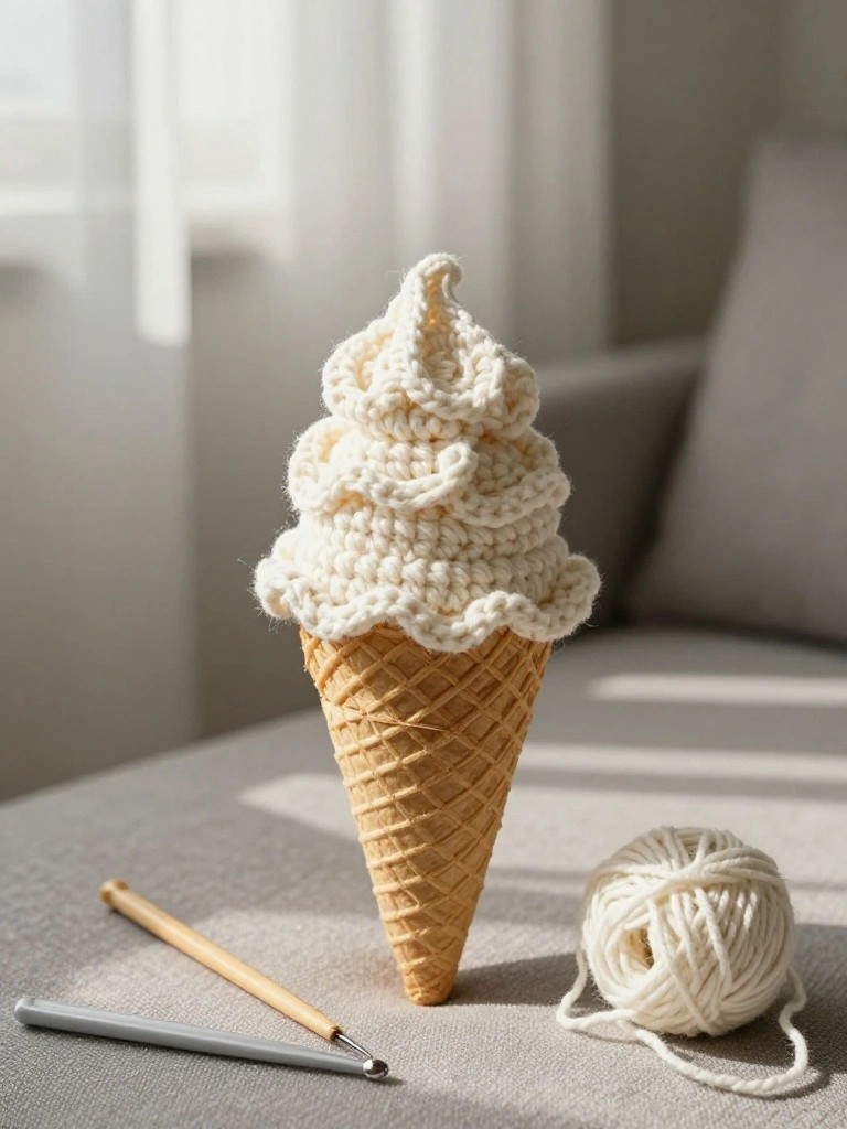 Crocheted white soft-serve ice cream cone on a tan waffle base with yarn ball and hook beside it on a light gray surface.