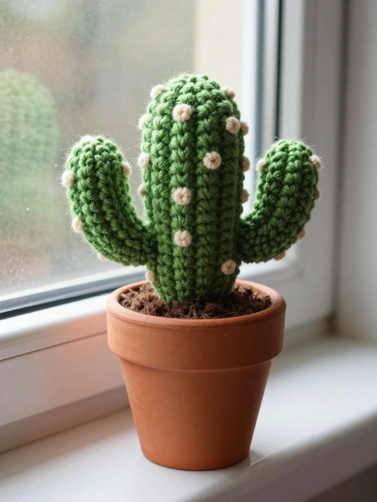 Close-up of a green crocheted cactus with white nub spines in a terracotta pot on a sunny windowsill.