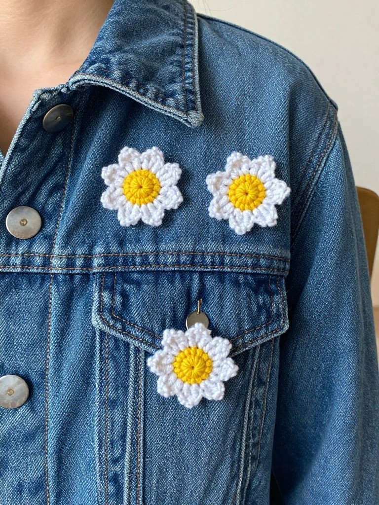 Blue denim jacket with white crochet daisy patches featuring yellow centers on the collar, front, sleeve, and pocket area.