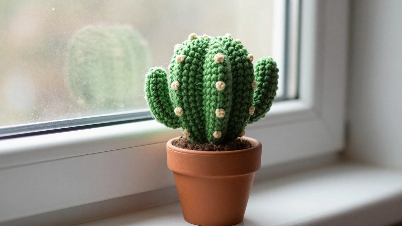 Close-up of a green crocheted cactus with white nub spines in a terracotta pot on a sunny windowsill.