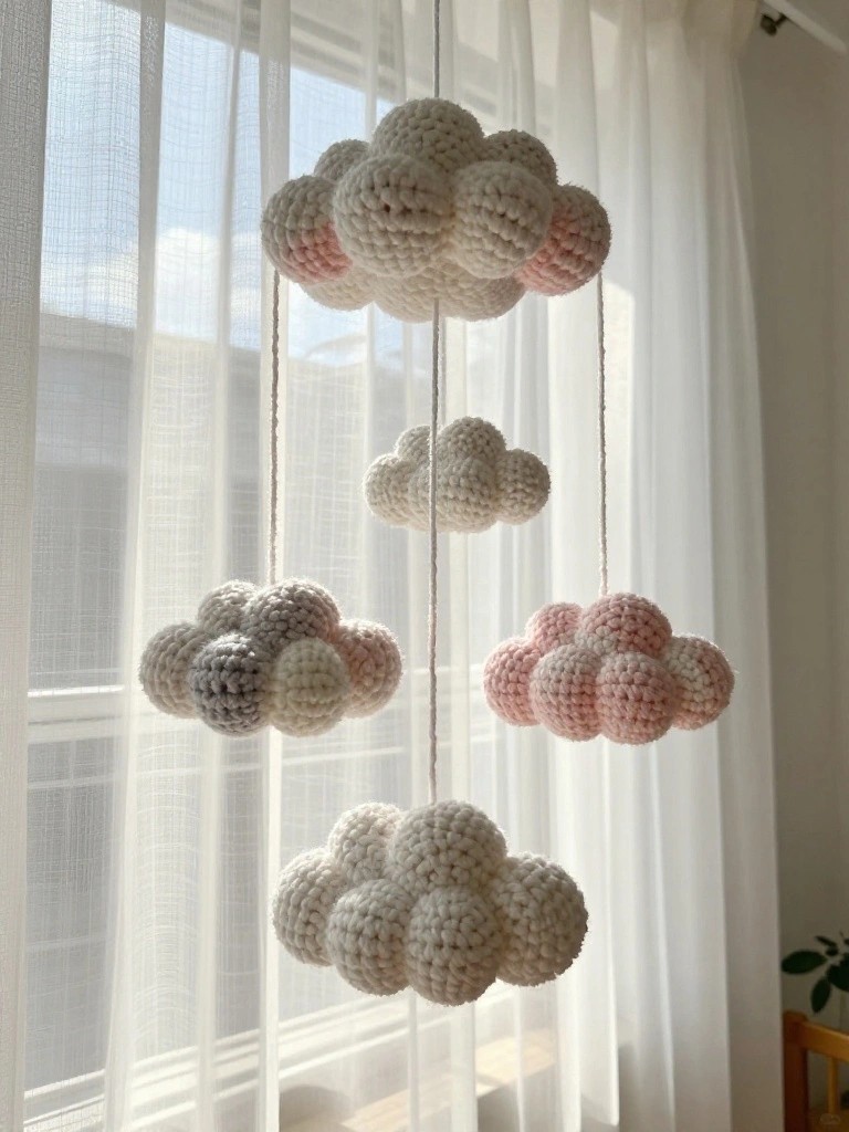 A handmade crochet mobile of fluffy white, pink, and gray clouds hanging from strings in front of sheer curtains by a sunny window.