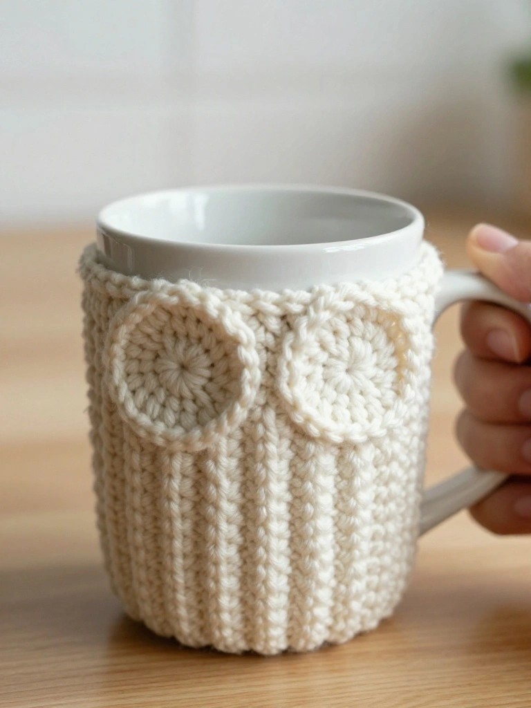 White ceramic mug with off-white crocheted cozy featuring two round owl-eye appliques, held by a hand on a wooden table.