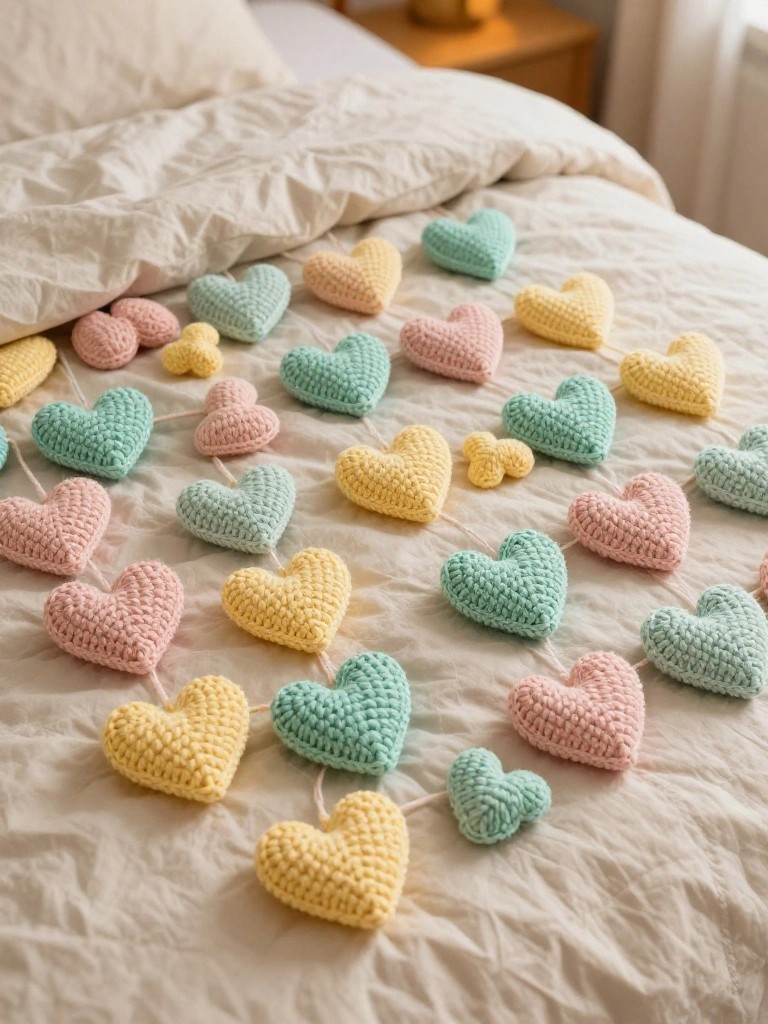 Beige bed with pillows and rumpled sheets covered in small crocheted hearts in mint green, yellow, and pink, some strung together on thin lines.