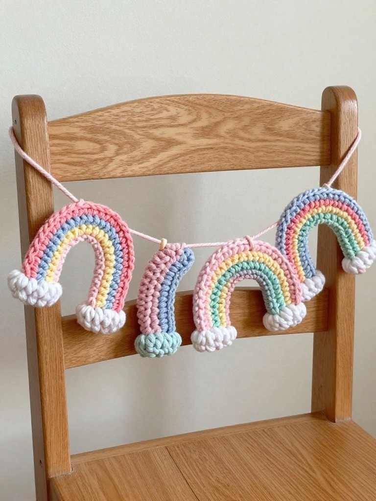 Handmade crochet garland of five pastel rainbows with white fluffy cloud edges draped over a wooden chair back.