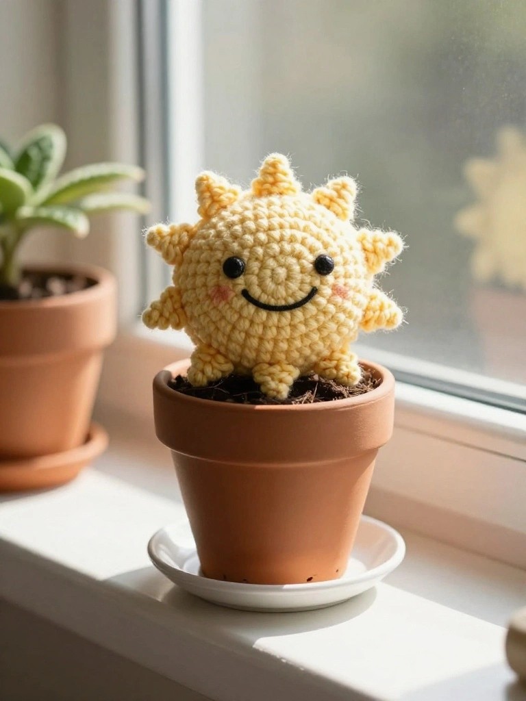 Crocheted yellow sun plushie with smiling face and spiky rays planted in a terracotta pot on a windowsill amid green houseplants