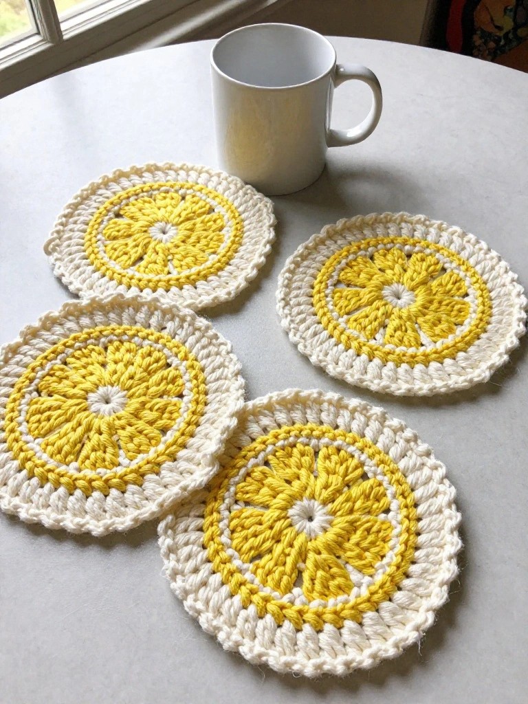 Four crocheted coasters designed as yellow lemon slices with white outlines on a white table next to a plain white mug.