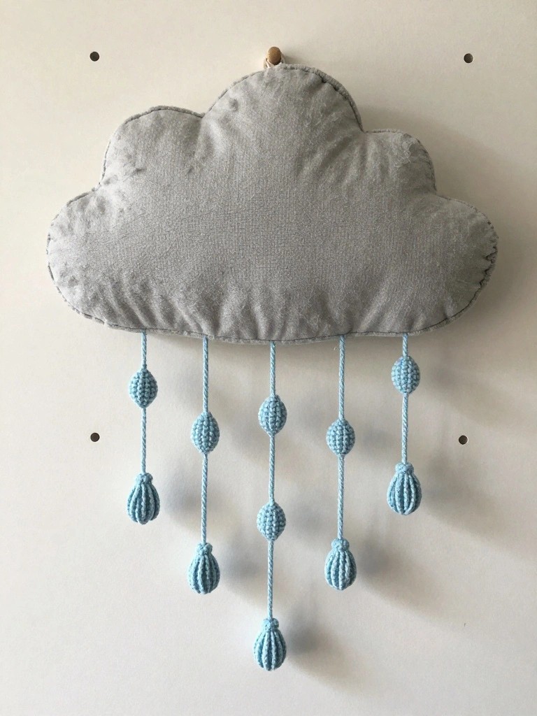 Plush gray cloud wall hanging with blue cord strands and crocheted raindrop shapes dangling below.
