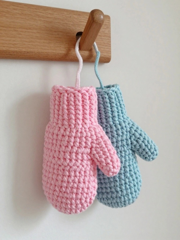 Pair of pink and light blue crocheted mittens with thick textured stitches hanging by strings from a wooden hook on an oak board.