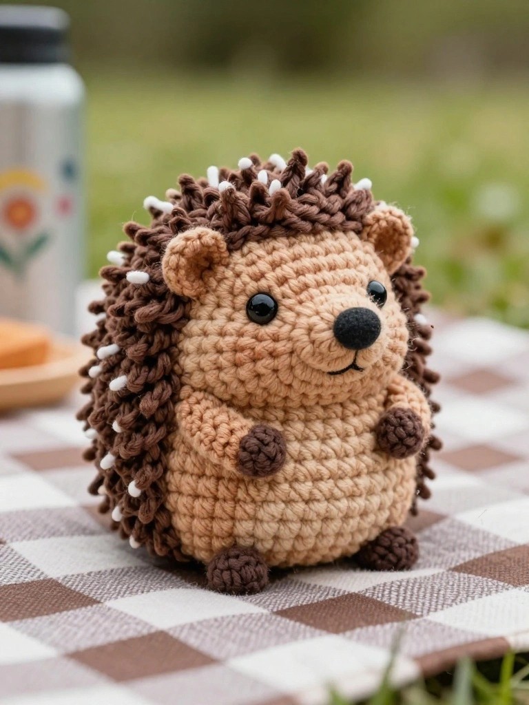 Crocheted brown hedgehog plush with white spines sits on a checkered picnic blanket beside a stainless water bottle, cookie, and flower.