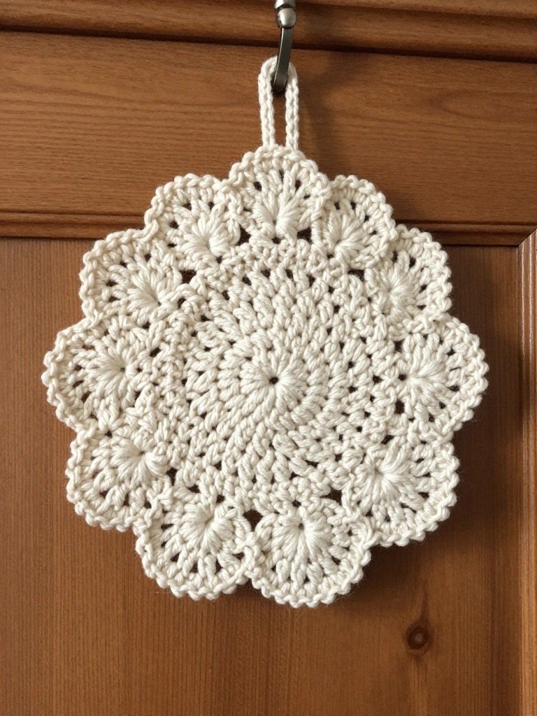 Cream-colored crochet lace potholder with scalloped edges and a hanging loop draped over a hook on a wooden cabinet door.
