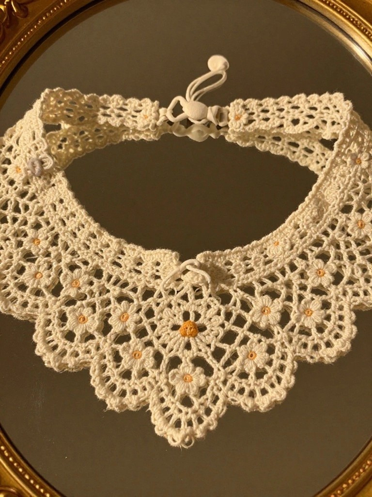 A delicate off-white crochet choker necklace with daisy lace patterns and yellow bead centers, laid flat on a gold mirror surface.