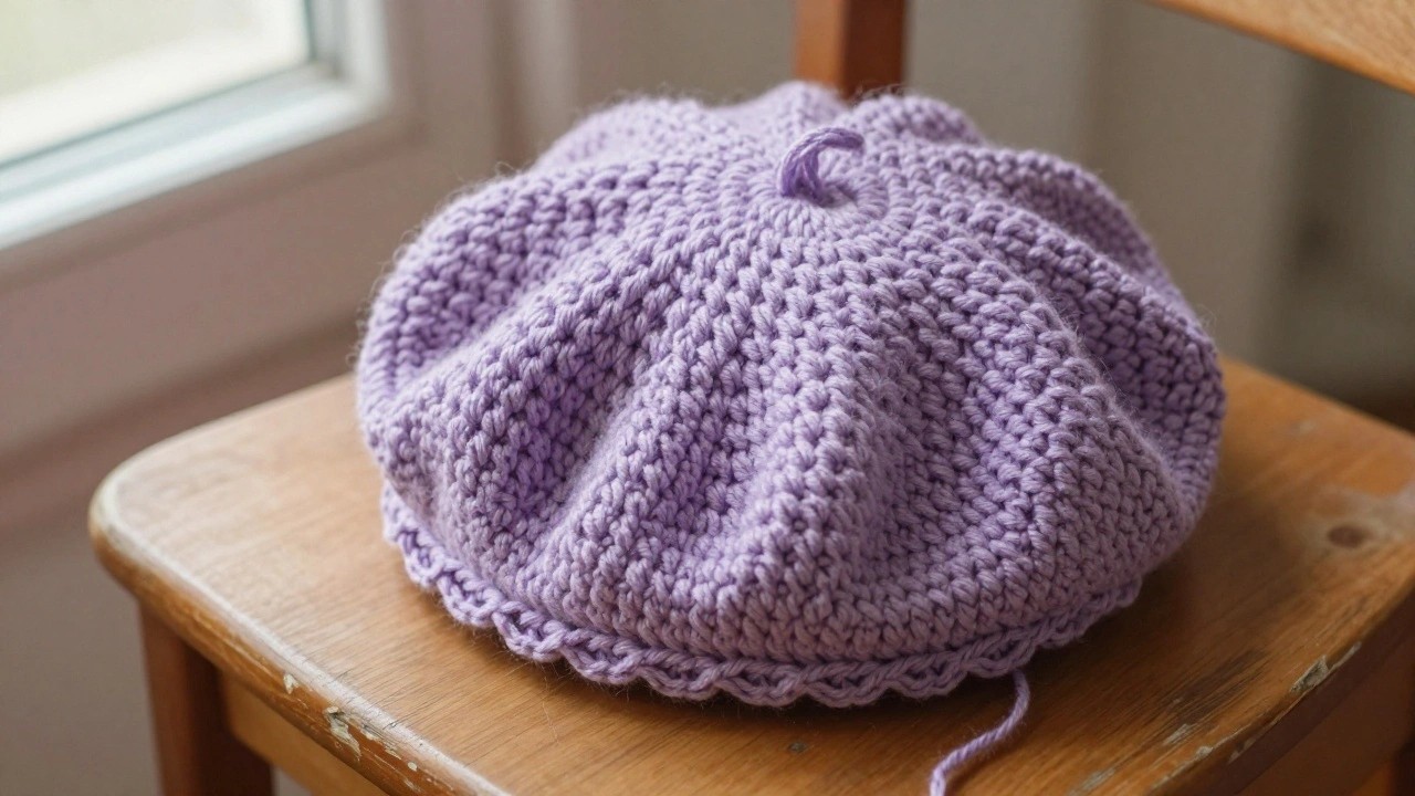 Handmade lilac crocheted beret with bumpy textured stitches sits on a wooden chair indoors by a window