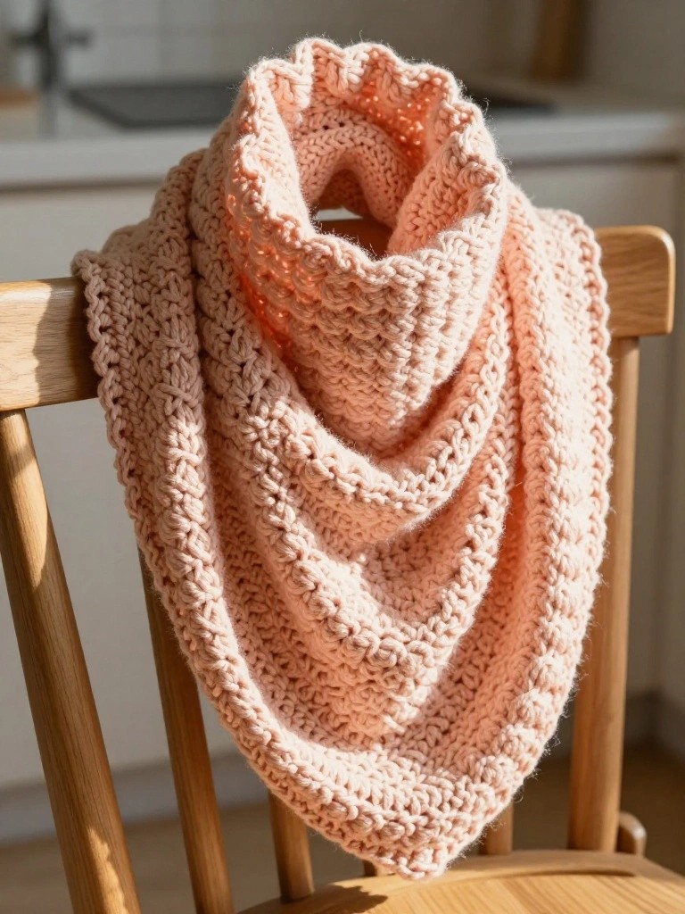 Pale peach crochet cowl with textured stitches and a ruffled upper edge draped over a wooden chair back in a sunlit kitchen.