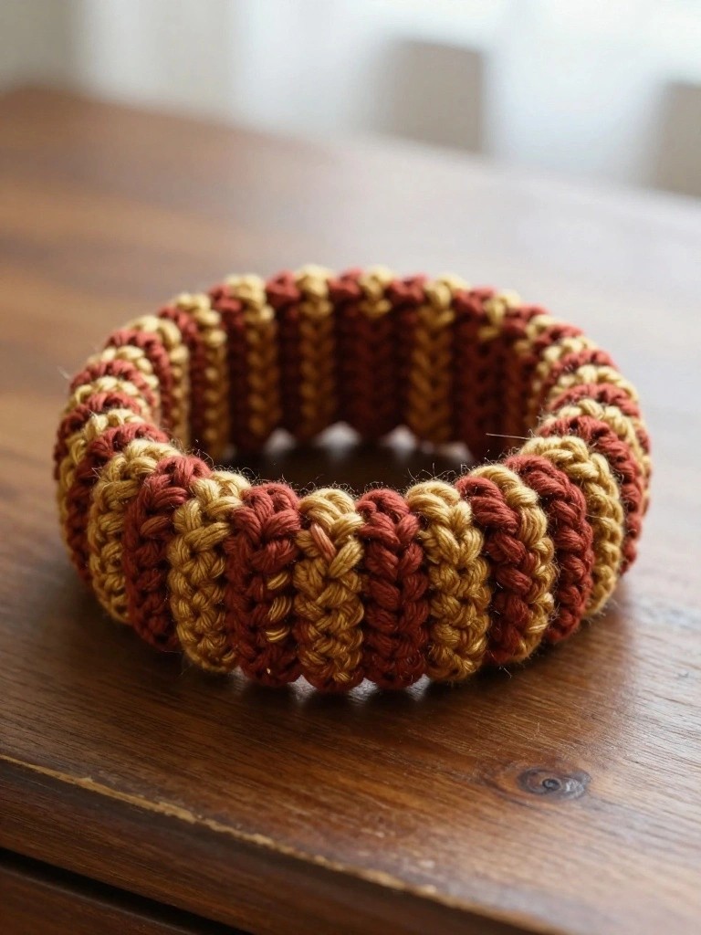 A handmade crocheted cuff bracelet with thick alternating stripes of rust and gold yarn sits on a wooden table.