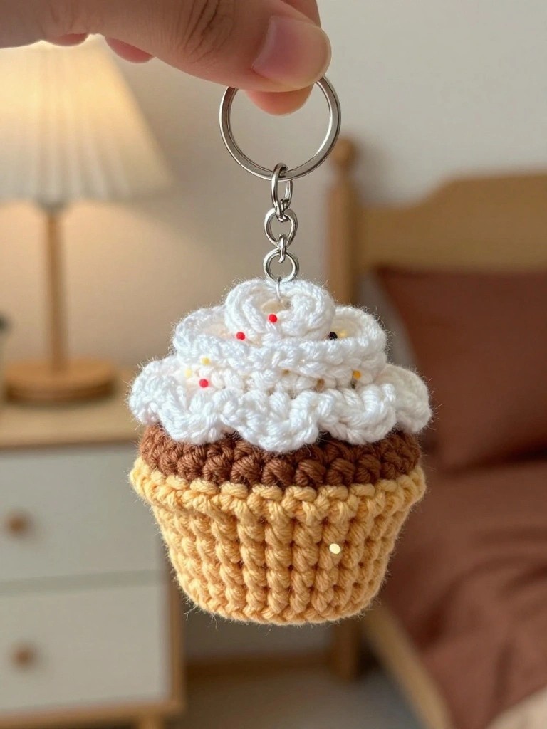 Close-up of a hand holding a crocheted cupcake keychain with a golden brown textured base, fluffy white frosting top, and colorful sprinkles on a metal ring.
