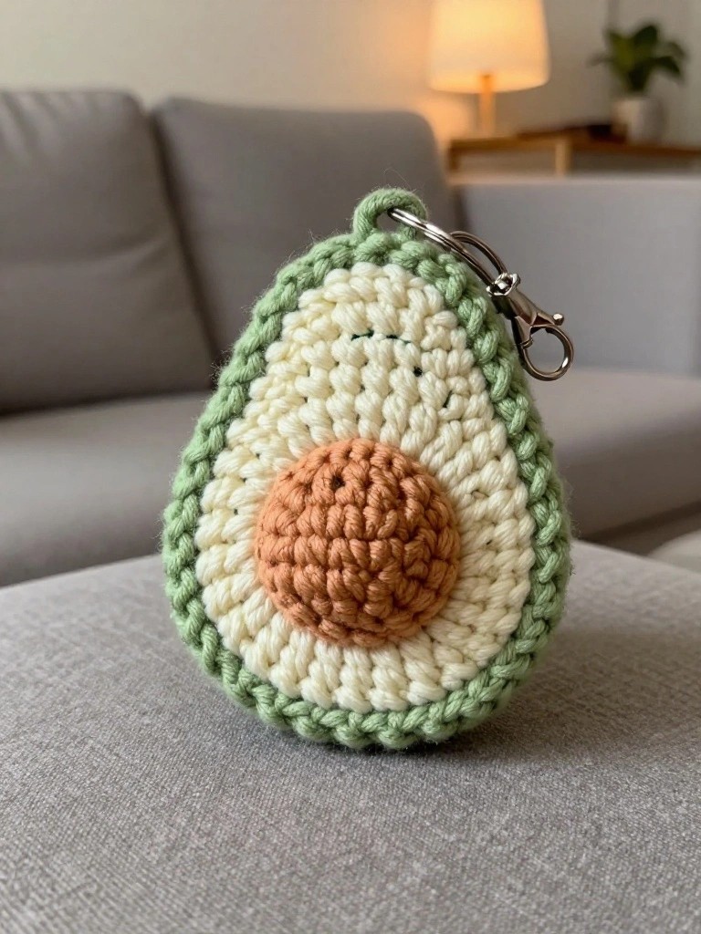 Close-up of a plush crocheted avocado keychain in green, white, and brown with a metal clip, placed on a light wooden surface in a cozy living room.