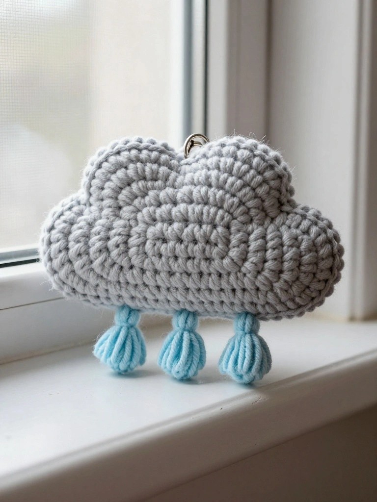 Crocheted gray cloud keychain with a metal hanging loop at the top and three blue tassel raindrops dangling from the bottom, shown hanging on a white windowsill.