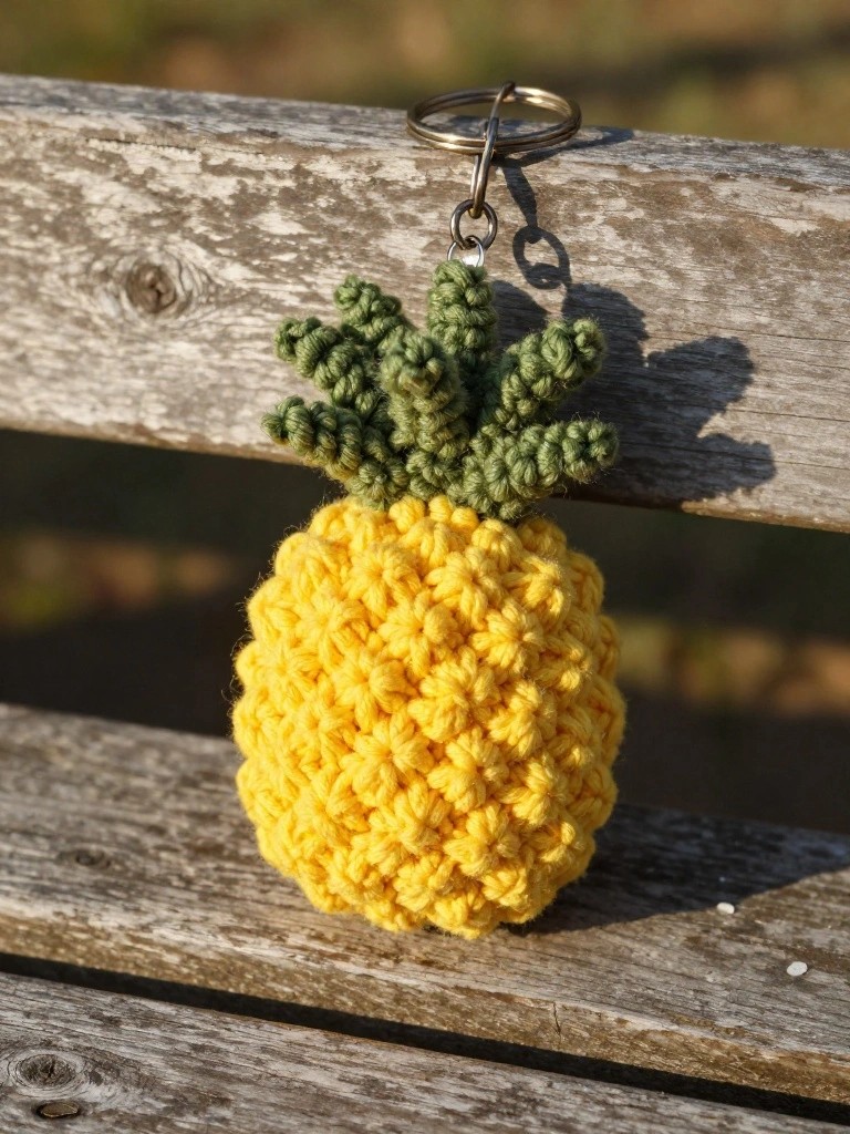 Crocheted yellow pineapple keychain with green leafy top hanging from a metal ring on a wooden bench