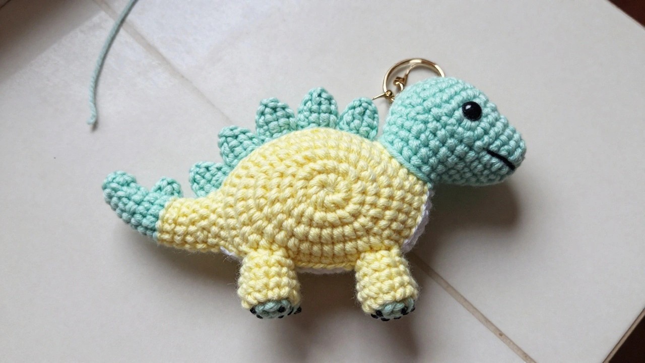 Handmade teal crochet dinosaur keychain with yellow back plates, big eyes, and gold neck chain on a white surface near needle and thread.