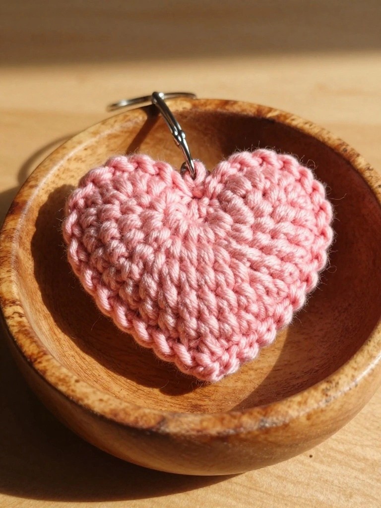 Close-up of a plush pink crocheted heart keychain with a metal clip, nestled in a wooden bowl on a sunlit wooden surface.