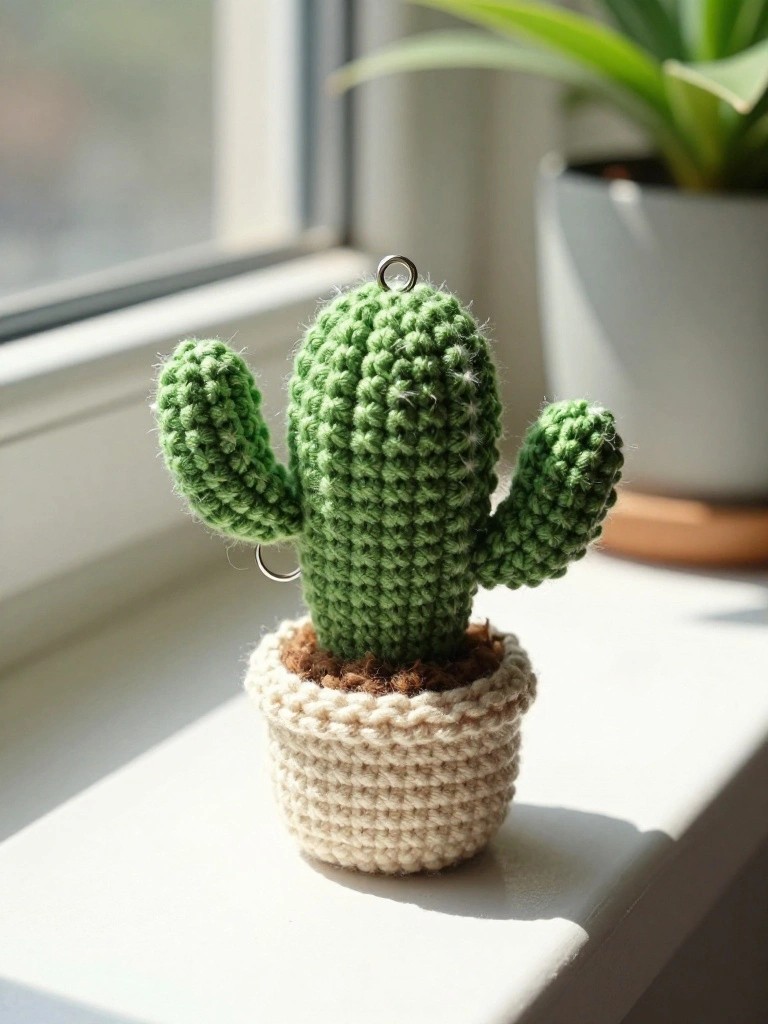 A small crocheted green cactus with fuzzy arms in a white yarn pot and brown soil sits on a windowsill, hanging from a metal ring.