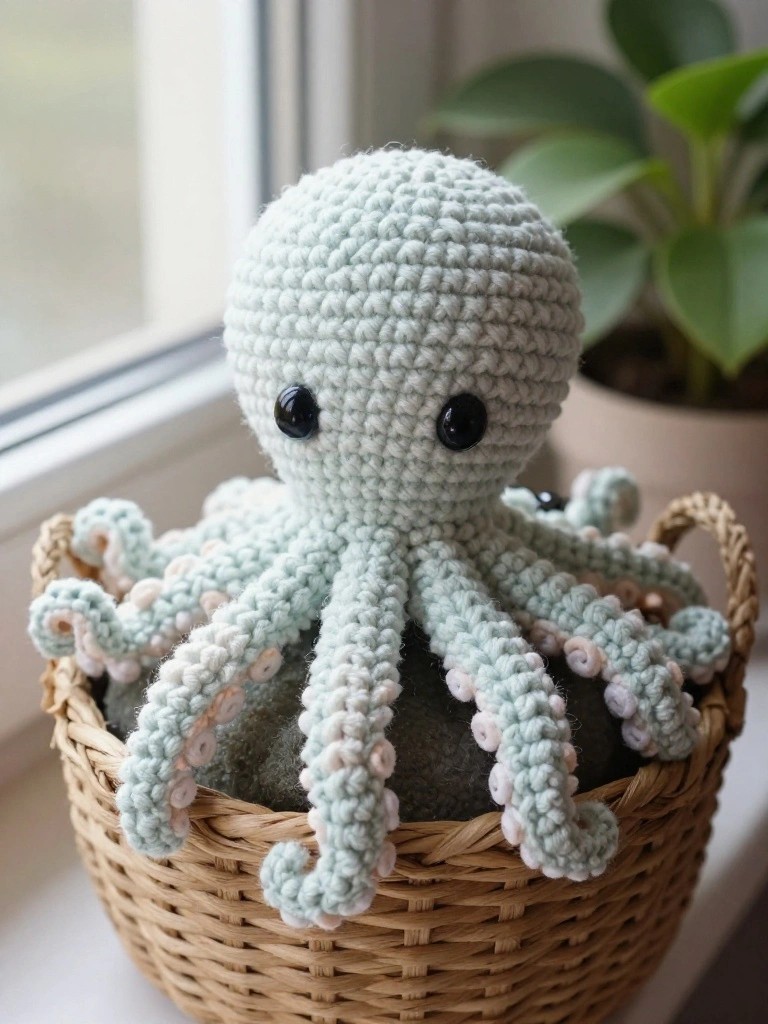Handmade mint green crocheted octopus with big black eyes and curly tentacles sits inside a tan woven basket by a window.