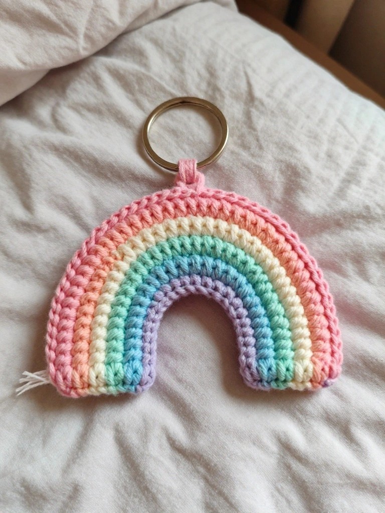 Crocheted rainbow keychain in pastel shades hanging from a metal ring on white bedding with a visible yarn tail.