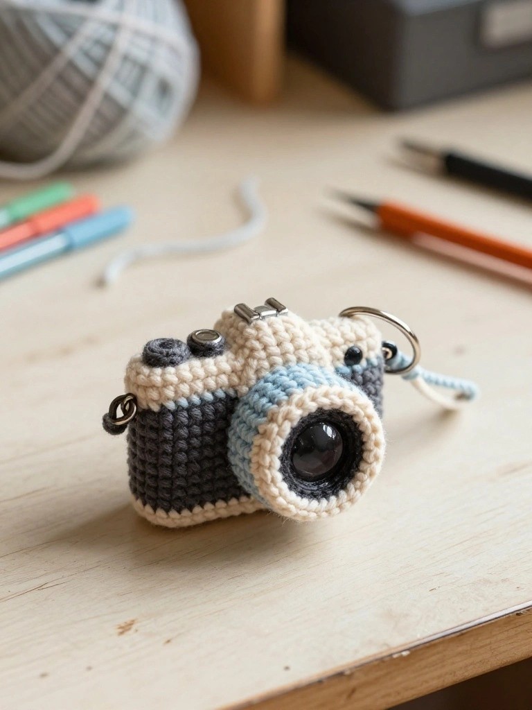 Close-up of a small crocheted camera keychain in cream, gray, and blue yarn on a wooden desk surrounded by pens, colored pencils, and a ball of gray yarn.