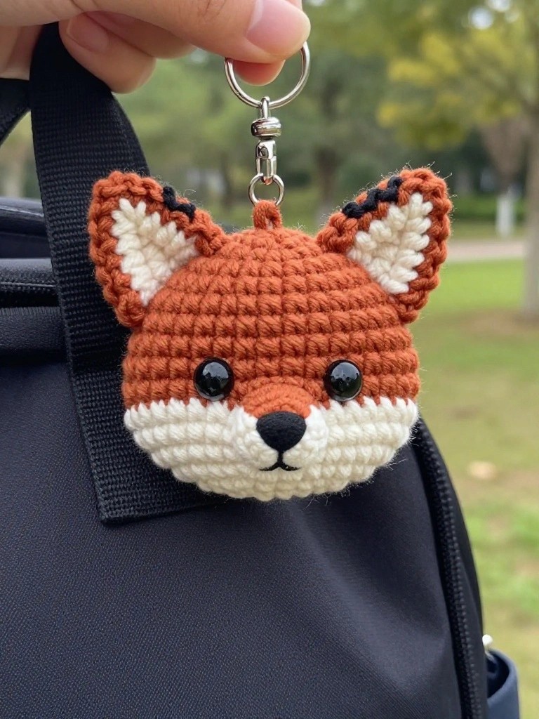 Handmade crocheted fox head keychain in rust orange with white muzzle and black accents, clipped to a black backpack strap outdoors.