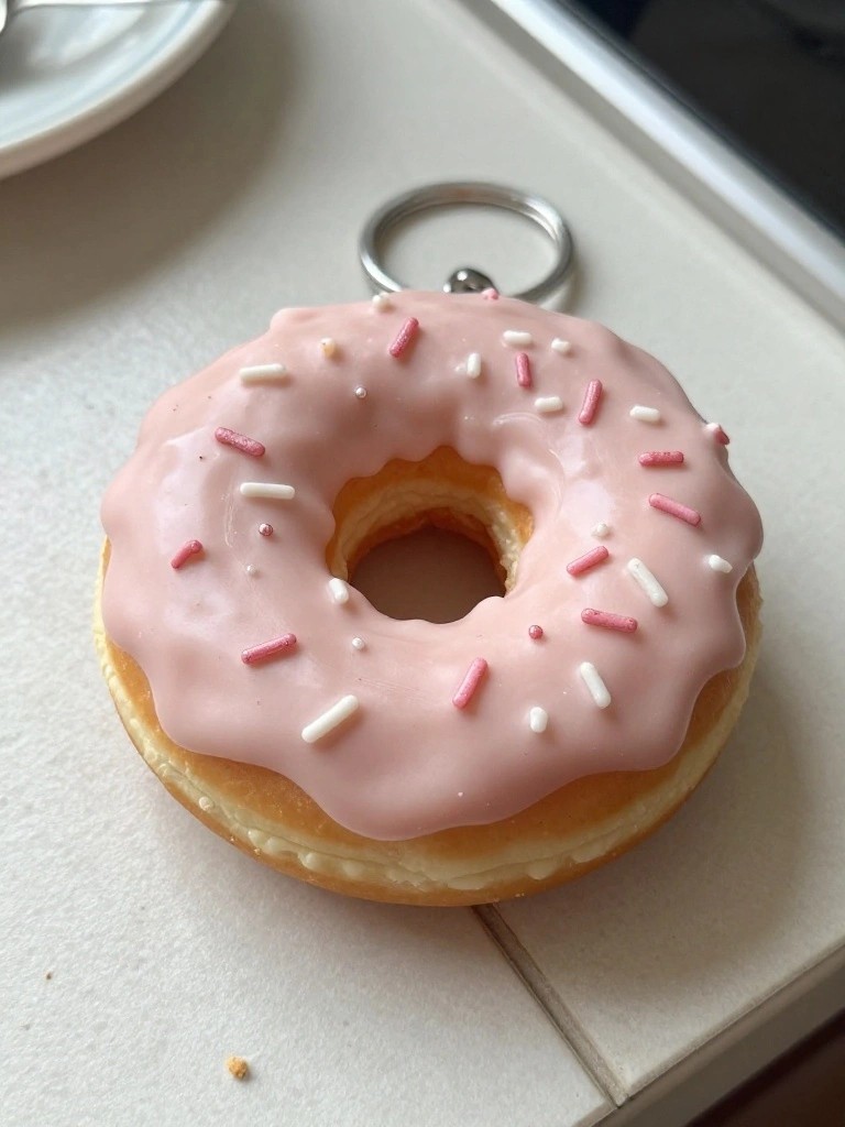 A crocheted pink-frosted donut keychain with white and pink sprinkles sits on a white surface next to a plate and silverware.