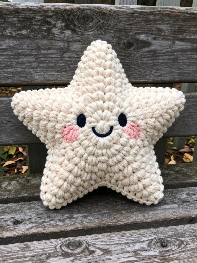 Crocheted off-white star plush with embroidered smiling face and pink cheeks sits on a weathered wooden bench with autumn leaves nearby.