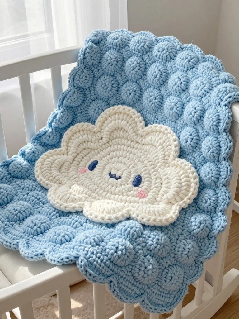 Blue crochet blanket with puffy bubble texture and central white cloud applique showing a cute smiling face, draped over a white crib.