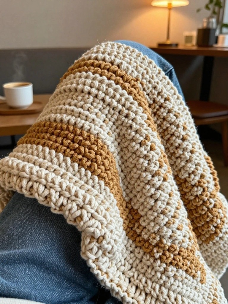 Chunky crocheted blanket with cream and terracotta stripes draped over denim legs next to a steaming coffee cup on a wooden table in a cozy room.