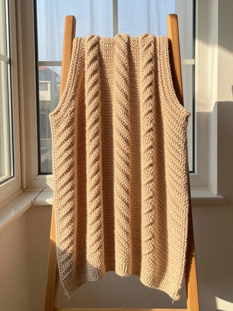 Cream crochet blanket with vertical cable textures draped over a wooden rack near a window in soft natural light.