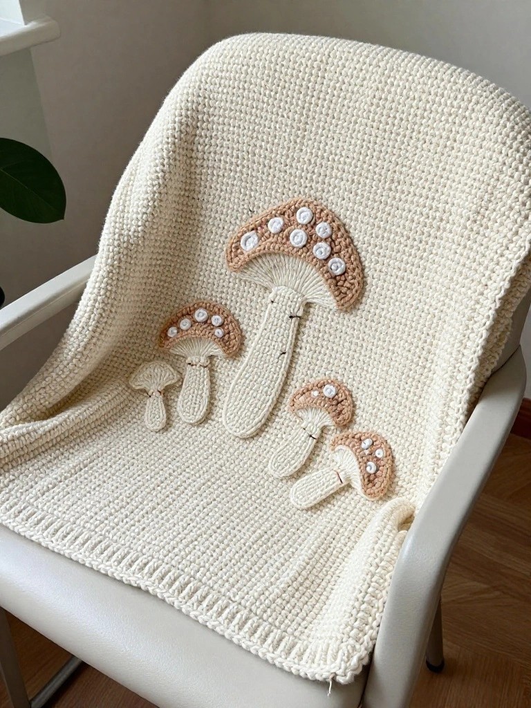 Cream crochet blanket featuring appliqued mushrooms in brown and white draped over a white armchair in a light room.