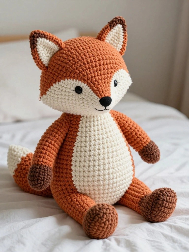 A handmade crocheted fox plush toy in orange with white belly and tail accents sits on a white bed, featuring brown paws and a bushy tail.