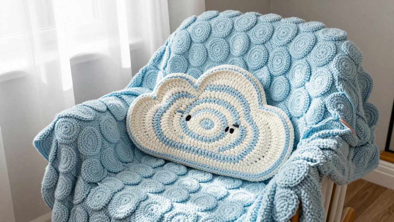 Blue crochet blanket with puffy bubble texture and central white cloud applique showing a cute smiling face, draped over a white crib.