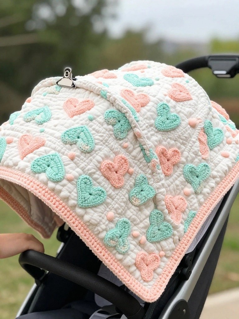Crochet blanket with white base and puffy pink and mint green heart motifs draped over a stroller hood, clipped in place outdoors.