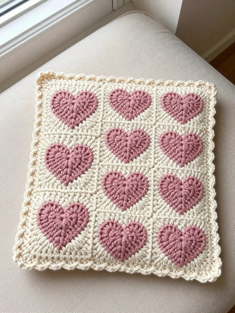 Square crochet blanket with nine pink textured hearts in a 3x3 grid on cream yarn, scalloped edges, folded on a beige couch by a window.