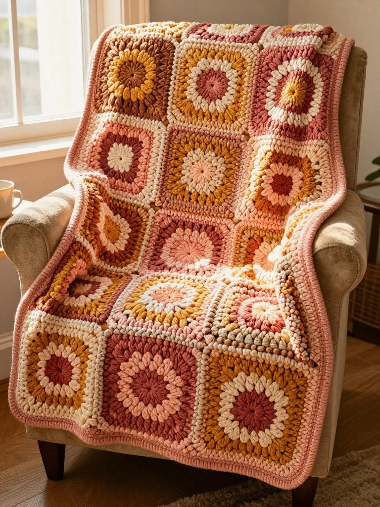 Crochet granny square blanket in rust, pink, mustard, and cream draped over a beige armchair by a sunlit window.