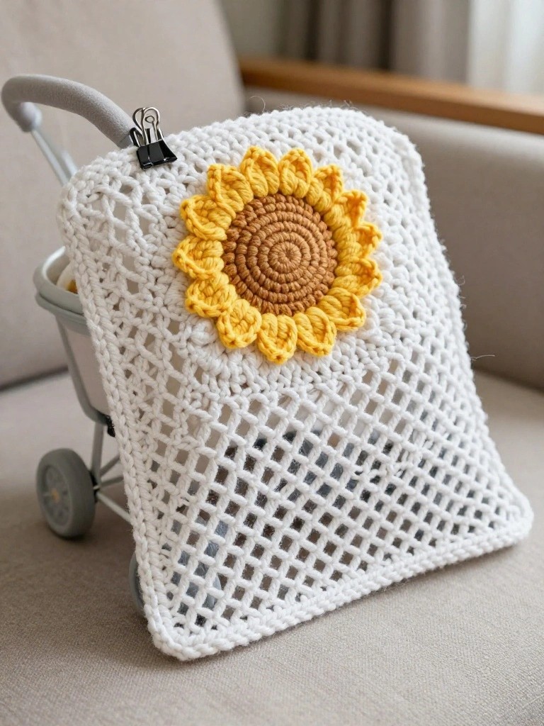 White crocheted mesh pouch with a large yellow sunflower applique clipped to the handle of a miniature gray toy stroller on a beige couch.
