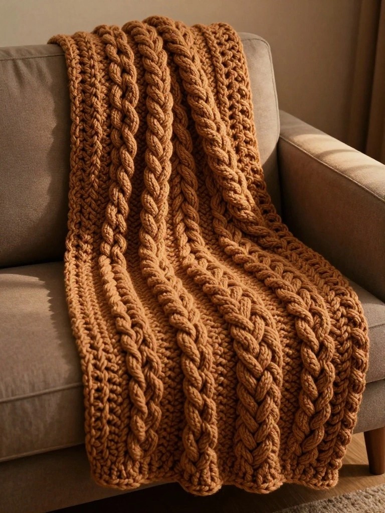 Terracotta crochet blanket with prominent braided cable stitches draped over a gray sofa armrest.