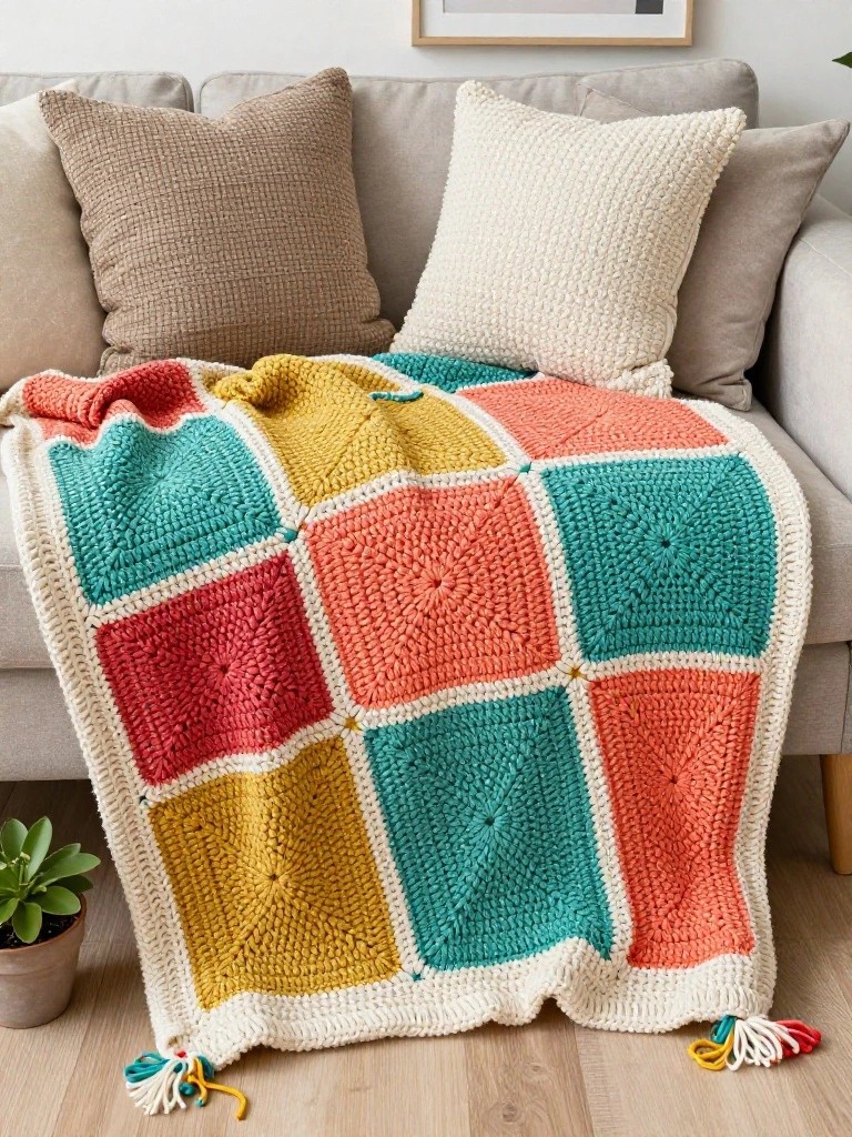 Multicolored crochet blanket of textured square patches in teal, orange, yellow, red, and cream draped over a gray couch with pillows, fringe trim, and a potted plant nearby.