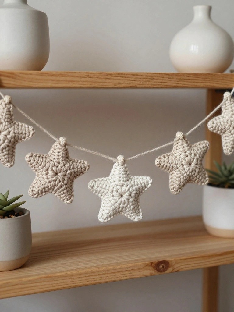 Crocheted stars in cream tones hang as a garland from a wooden shelf, surrounded by white vases and potted succulents.