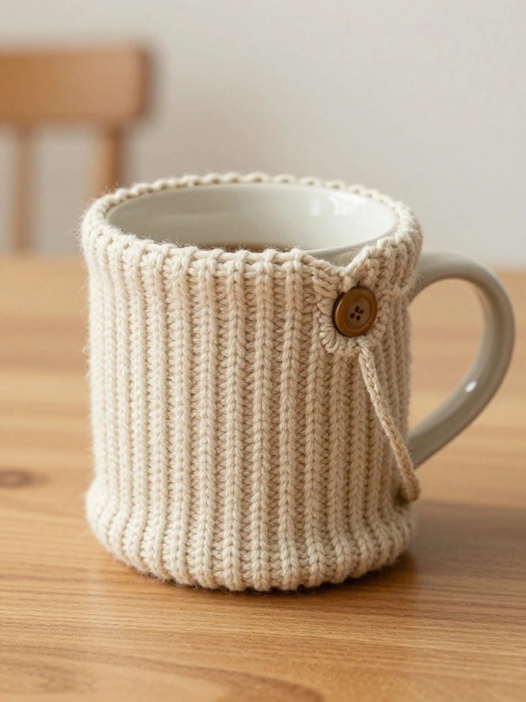 White ceramic mug with dark coffee inside, wrapped in a cream ribbed yarn cozy featuring a wooden button strap over the handle, on a wooden table.
